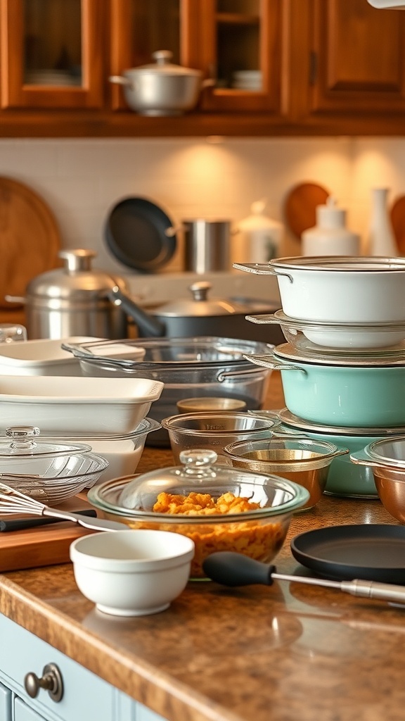 Essential Kitchen Equipment for Casserole Dishes Essential kitchen equipment for casseroles including dishes, mixing bowls, measuring cups, and utensils on a countertop.